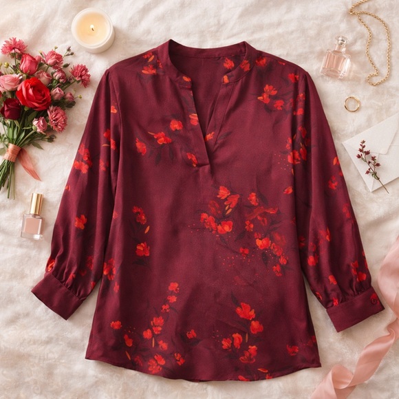 Ava & Viv Tops - Ava & Viv Burgundy Floral Blouse Women’s Plus Size 2X Long Sleeve Split Neck